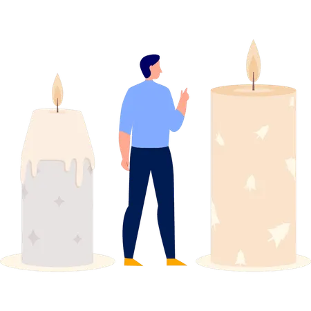 Hombre hablando sobre velas decorativas de aromaterapia.  Ilustración