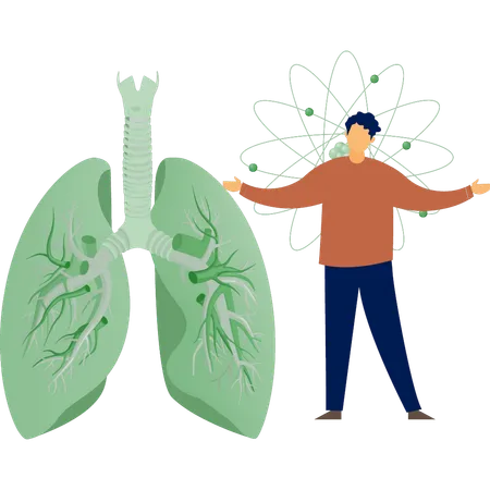 Hombre hablando de la estructura de los pulmones.  Ilustración