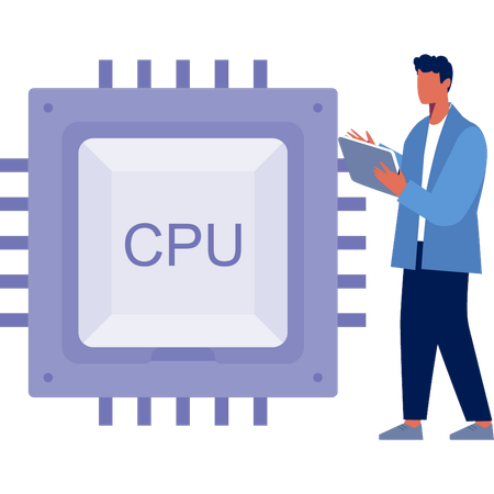 Hombre hablando sobre el chip del procesador  Ilustración