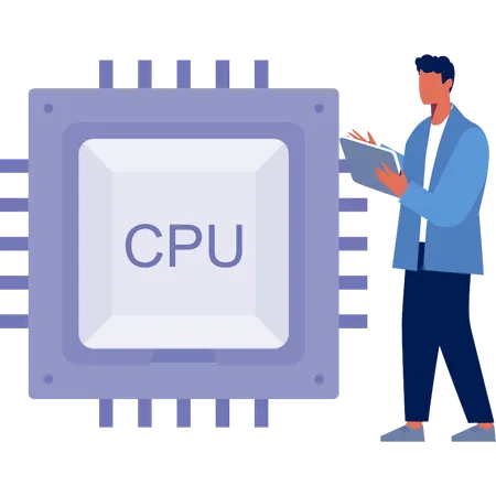 Hombre hablando sobre el chip del procesador  Ilustración