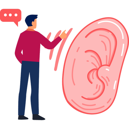 Hombre hablando sobre el sonido del oído humano  Ilustración