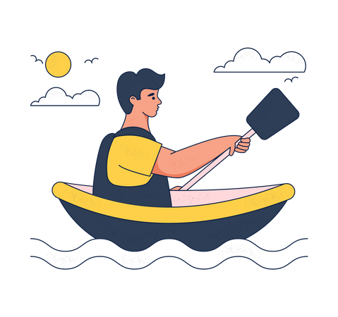 El hombre hace actividad de kayak en el agua.  Ilustración