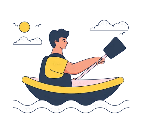 El hombre hace actividad de kayak en el agua.  Ilustración