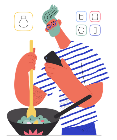 El hombre hace compras en línea mientras cocina comida  Ilustración