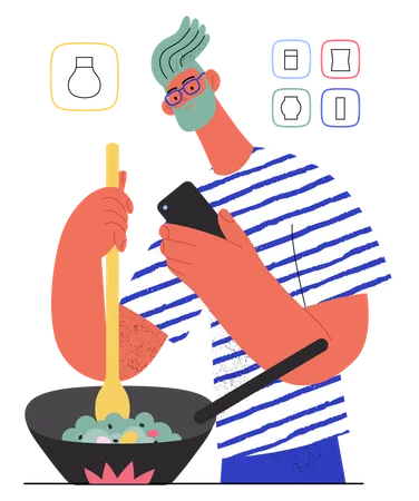 El hombre hace compras en línea mientras cocina comida  Ilustración