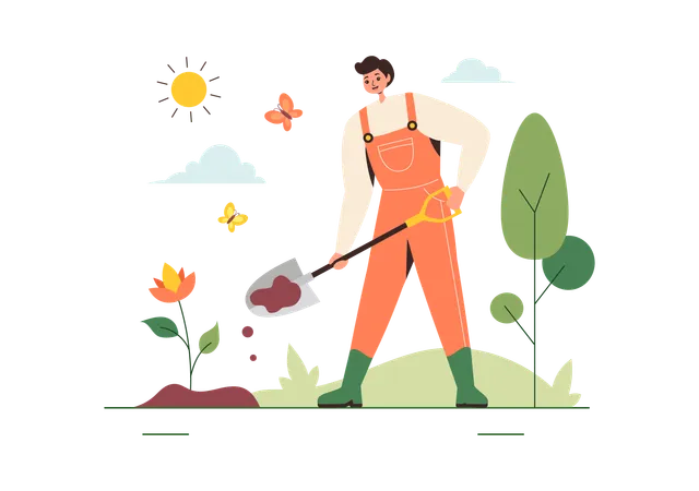 Hombre haciendo actividad de jardinería  Ilustración