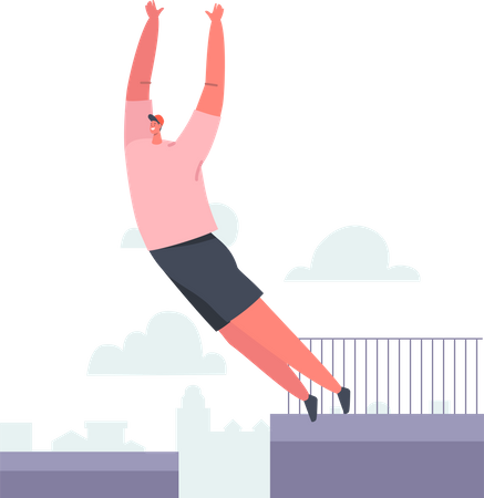 Hombre haciendo actividad de parkour mientras salta del techo  Ilustración