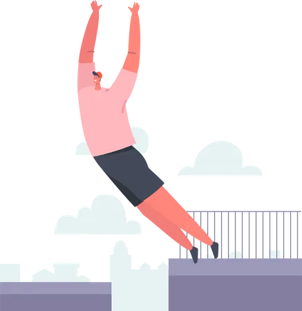 Hombre haciendo actividad de parkour mientras salta del techo  Ilustración