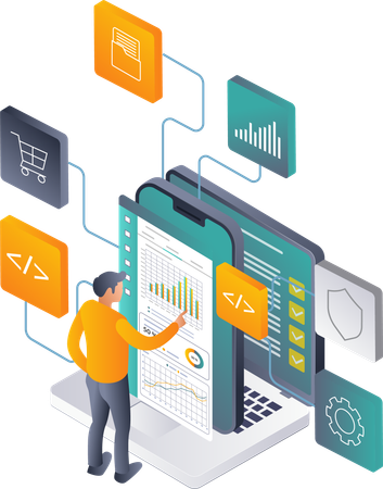 Hombre haciendo análisis de datos de red en aplicaciones de teléfonos inteligentes y tecnología informática  Ilustración