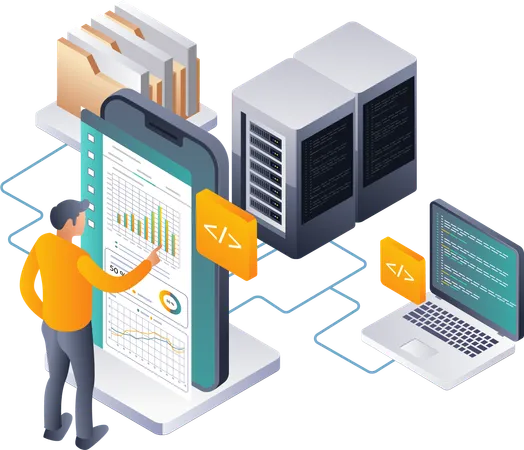 Hombre haciendo análisis de datos de red para el desarrollo y gestión de servidores  Ilustración