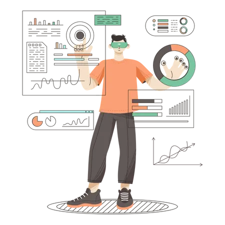 Hombre haciendo análisis de datos usando VR  Ilustración