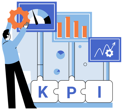 Hombre haciendo análisis de KPI y rendimiento  Ilustración