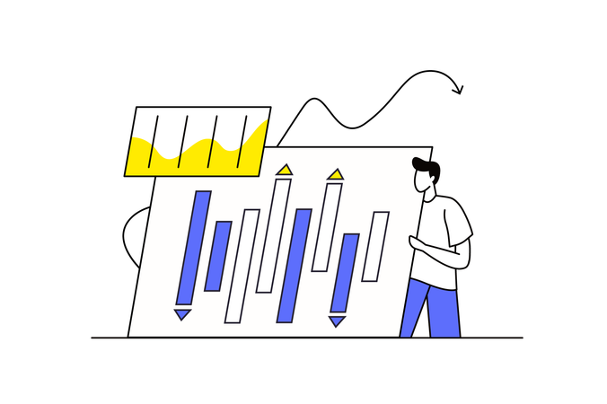 Hombre haciendo análisis del mercado de valores  Ilustración