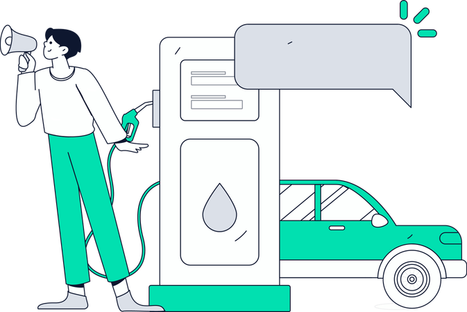 Hombre haciendo anuncio de combustible en gasolinera  Ilustración