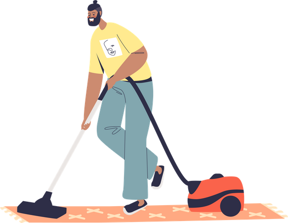 Hombre haciendo aspiradora limpiando el piso en casa  Ilustración