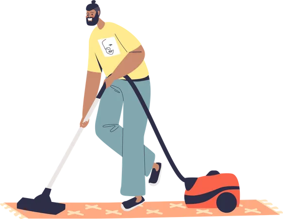 Hombre haciendo aspiradora limpiando el piso en casa  Ilustración