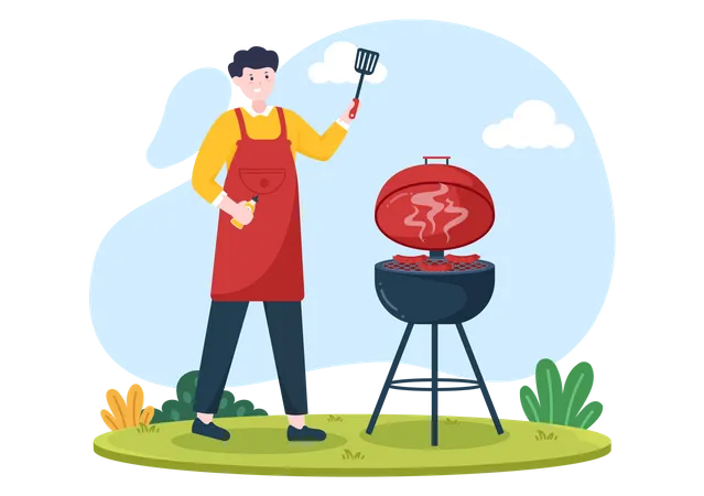 Hombre haciendo barbacoa con espátula  Ilustración