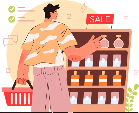 Hombre haciendo compras de botellas de champú  Ilustración