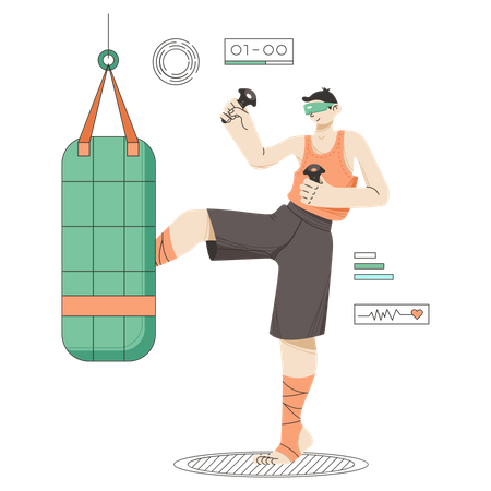 Hombre haciendo boxeo usando tecnología virtual.  Ilustración