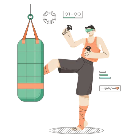 Hombre haciendo boxeo usando tecnología virtual.  Ilustración