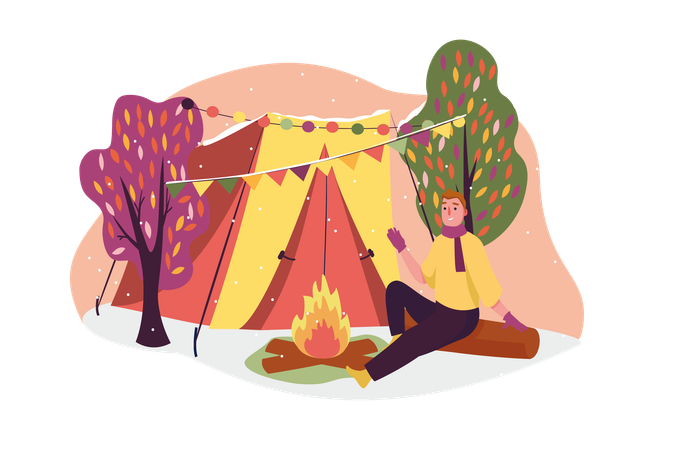 Hombre haciendo campamento de bomberos en el bosque  Ilustración