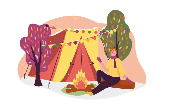 Hombre haciendo campamento de bomberos en el bosque  Ilustración