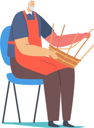 Hombre haciendo una cesta hecha a mano con tiras de madera  Ilustración