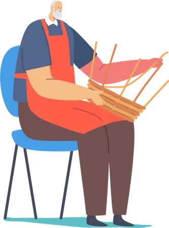 Hombre haciendo una cesta hecha a mano con tiras de madera  Ilustración