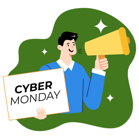 Hombre haciendo marketing de venta de Cyber Monday  Ilustración