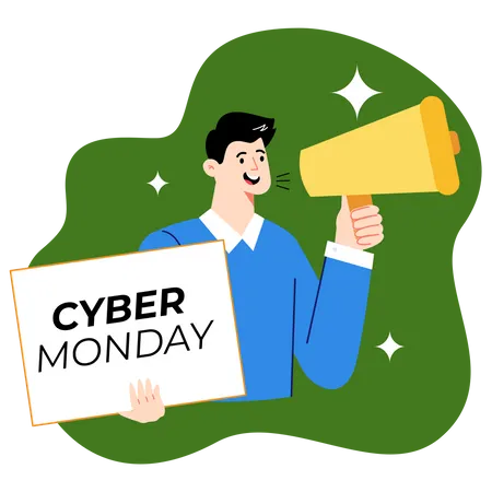 Hombre haciendo marketing de venta de Cyber Monday  Ilustración