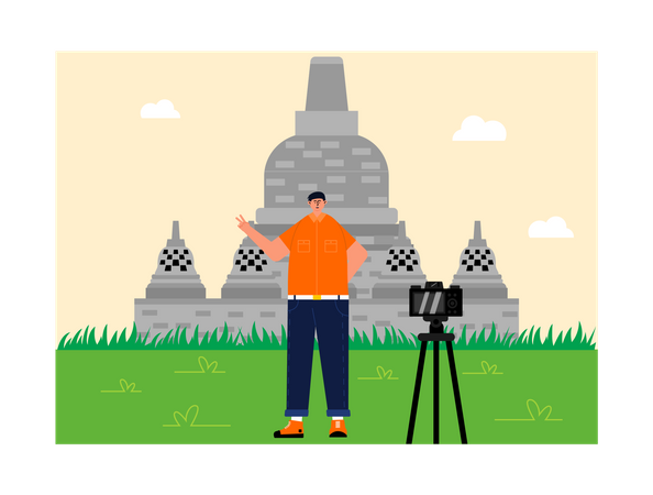 Hombre haciendo clic en su propia foto en el templo de Borobudur  Ilustración