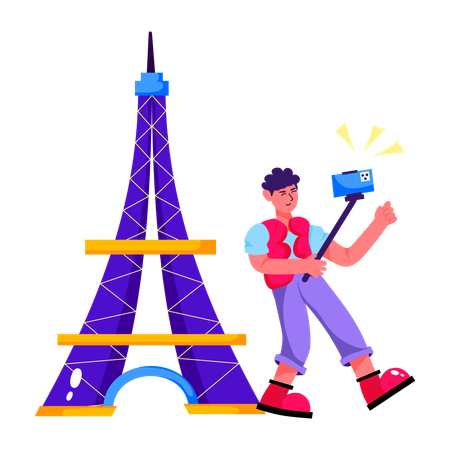 Hombre haciendo un selfie en París  Ilustración