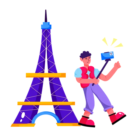 Hombre haciendo un selfie en París  Ilustración