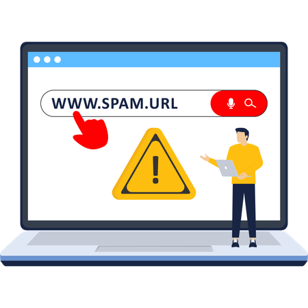 Hombre haciendo clic en un sitio web de spam  Ilustración