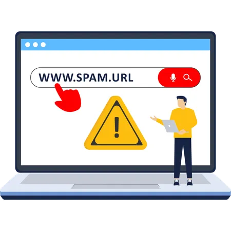 Hombre haciendo clic en un sitio web de spam  Ilustración