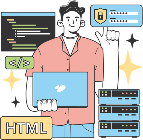 Hombre haciendo codificación html con seguridad  Ilustración