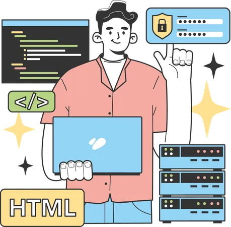 Hombre haciendo codificación html con seguridad  Ilustración