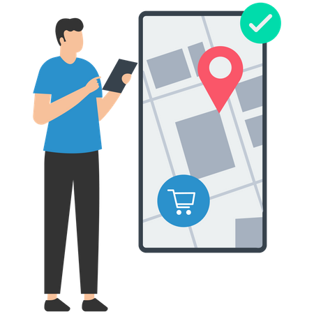 Hombre haciendo compras en línea con aplicación en teléfono inteligente  Ilustración
