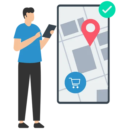 Hombre haciendo compras en línea con aplicación en teléfono inteligente  Ilustración