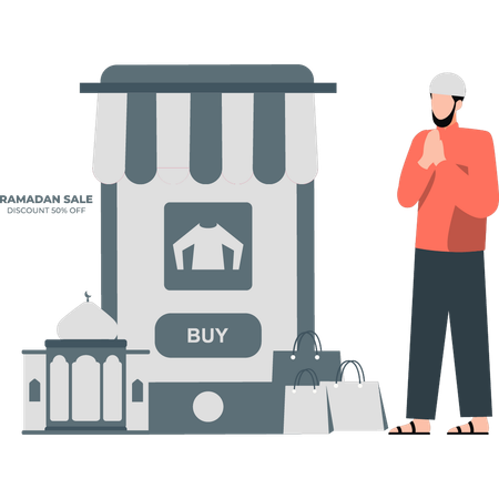 Hombre haciendo compras de Ramadán usando el móvil  Ilustración