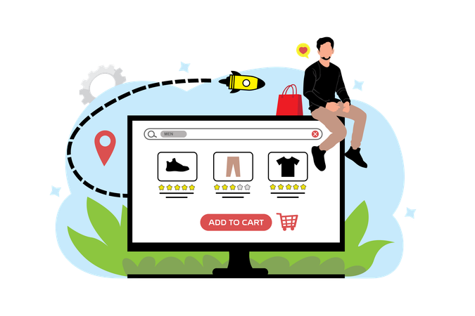 Hombre haciendo compras desde el sitio web  Ilustración