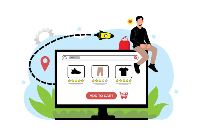 Hombre haciendo compras desde el sitio web  Ilustración