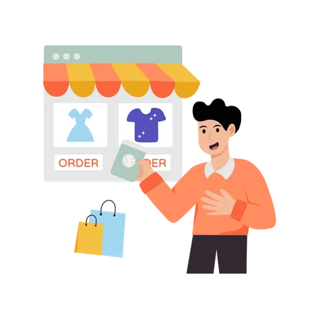 Hombre haciendo compras en la web  Ilustración