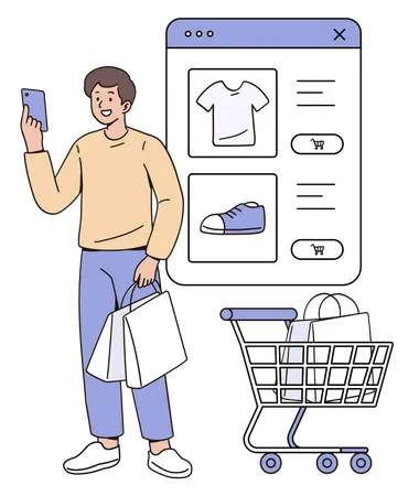 Hombre haciendo compras en línea  Ilustración