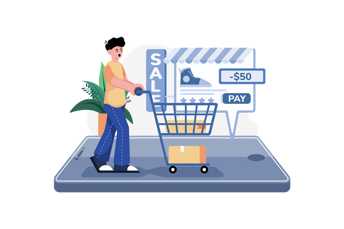 Hombre haciendo compras en línea  Ilustración