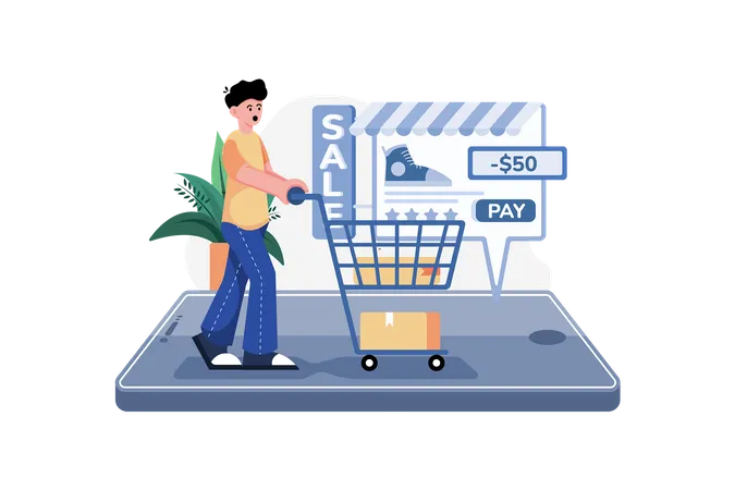 Hombre haciendo compras en línea  Ilustración