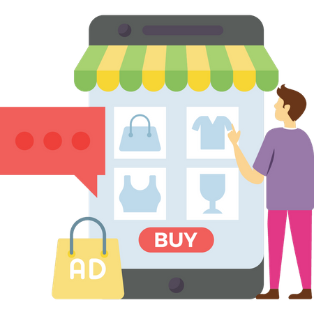 Hombre haciendo compras en línea desde la aplicación  Ilustración