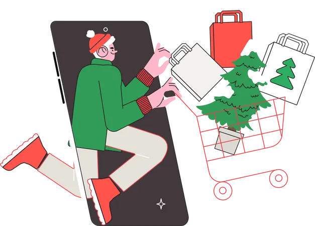 Hombre haciendo compras en línea durante las rebajas navideñas  Ilustración