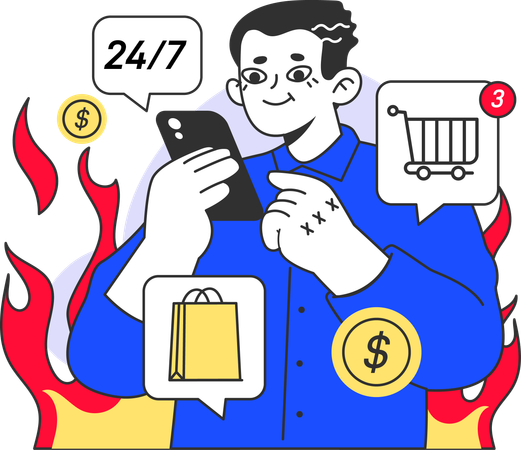 Hombre haciendo compras en línea en venta caliente  Ilustración