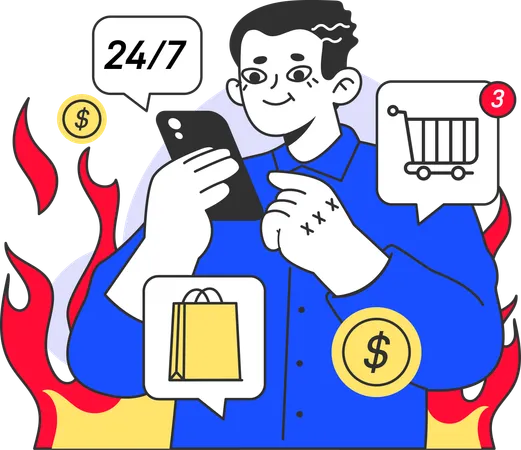 Hombre haciendo compras en línea en venta caliente  Ilustración